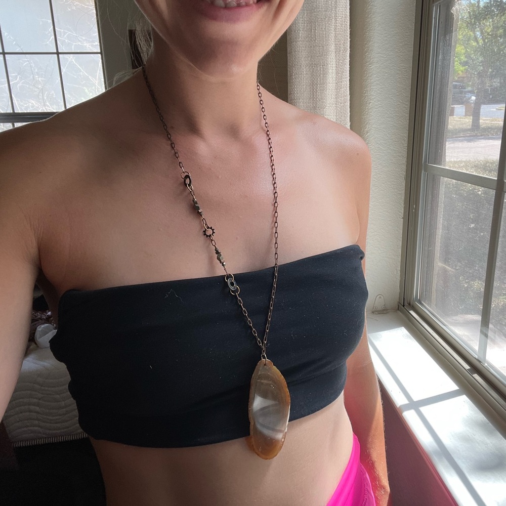 Steampunk bicycle chain necklace with sliced agate stone